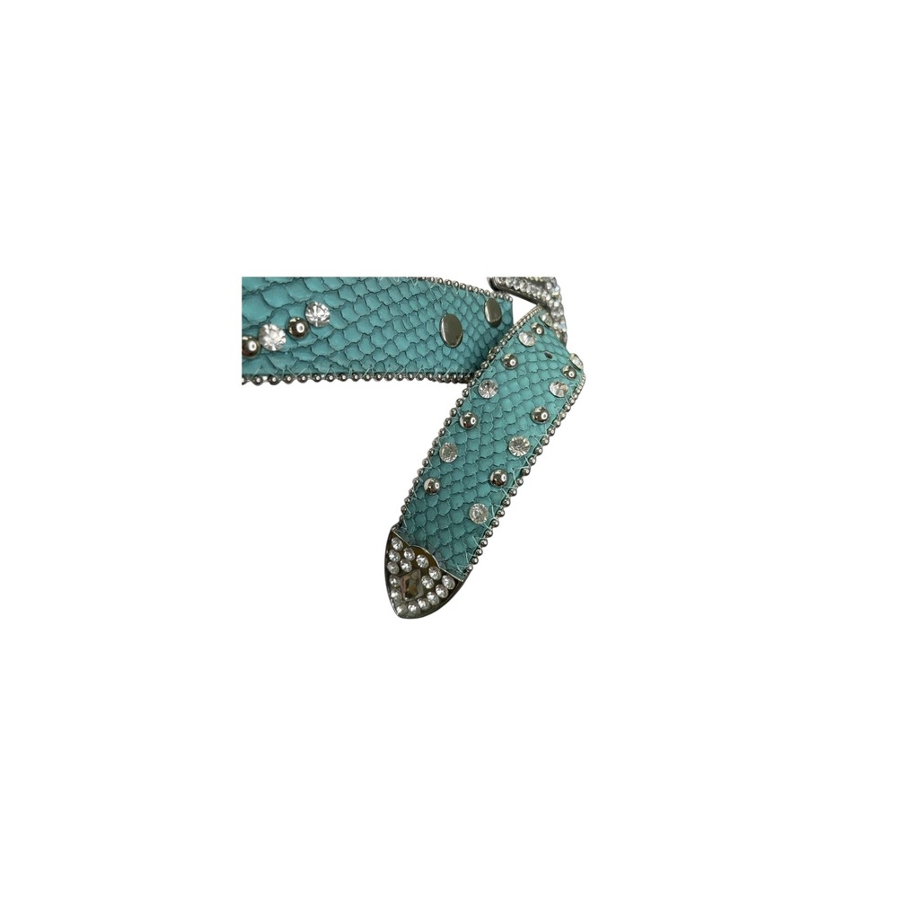 Western Teal Alligator Leather Belt Silver Stud Crystal Rhinestone Conchos Small - Picture 2 of 8